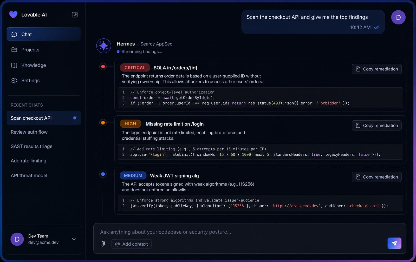 Lovable AI chat panel showing Hermes streaming three security findings with copy-ready remediation snippets.
